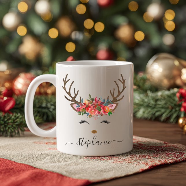 Mug Fête de Noël Reindeer Floral Personnalisé (Christmas Holiday Reindeer Floral Personalized Coffee Mug)