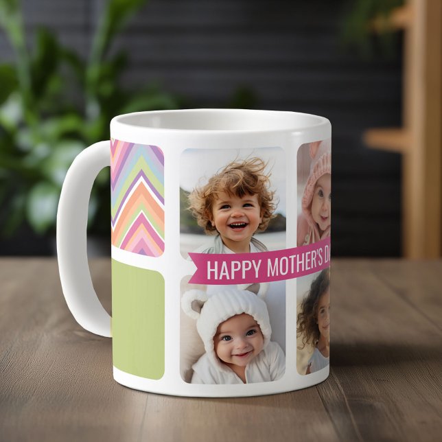 Mug Fête des mères 4 Photo Collage Pink Green Chevrons (Custom Photo Mug)