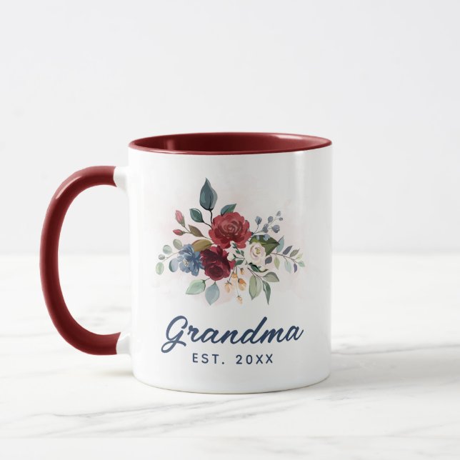 Mug Fête des mères Élégante Bourgogne Script Floral Gr (Gauche)
