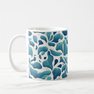 Mug Feuilles abstraites blanches et bleues   Motif côt