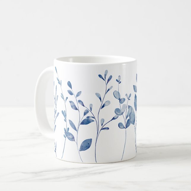 Mug Feuilles Bleu Aquarelle (Devant gauche)