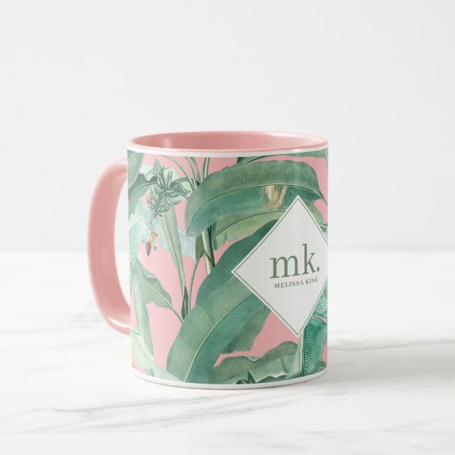 Mug Feuilles de bananes tropicales roses Monogrammes (Devant gauche)