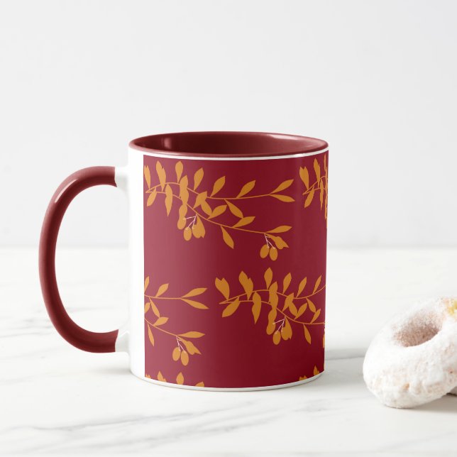 Mug Feuilles de branches de silhouette orange sur roug (Avec donut)