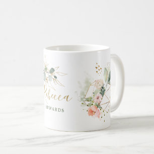 Mug feuilles eucalyptus, rose, cadre doré, votre nom