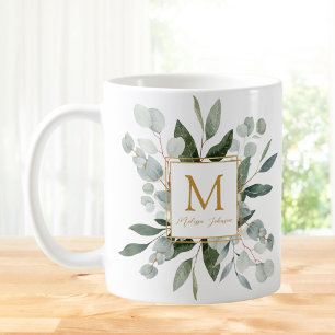 Mug Feuilles tropicales vertes aquarelles Monogramme