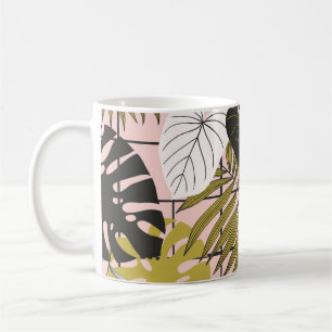 Mug Feuilles tropicaux, fleurs, motif peint à la main.