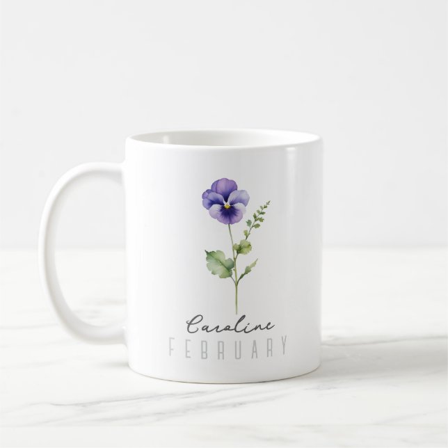 Mug Février Mois de naissance Fleur avec nom - Violet (Gauche)