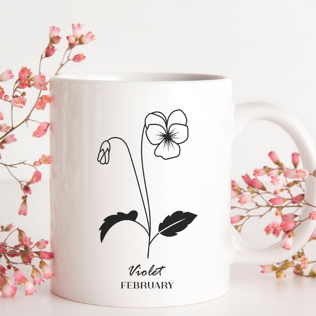 Mug Février Monogramme Mois des fleurs de naissance (Créateur téléchargé)