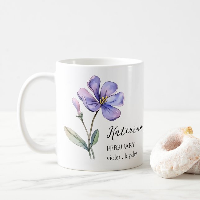 MUG FÉVRIER VIOLET NAISSANCE FLEURS MOIS NOM CADEAU (Avec donut)