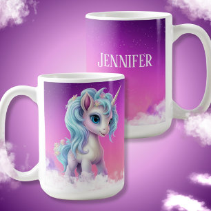Mug Fière Unicorne sur les nuages, ciel rose, étoiles 