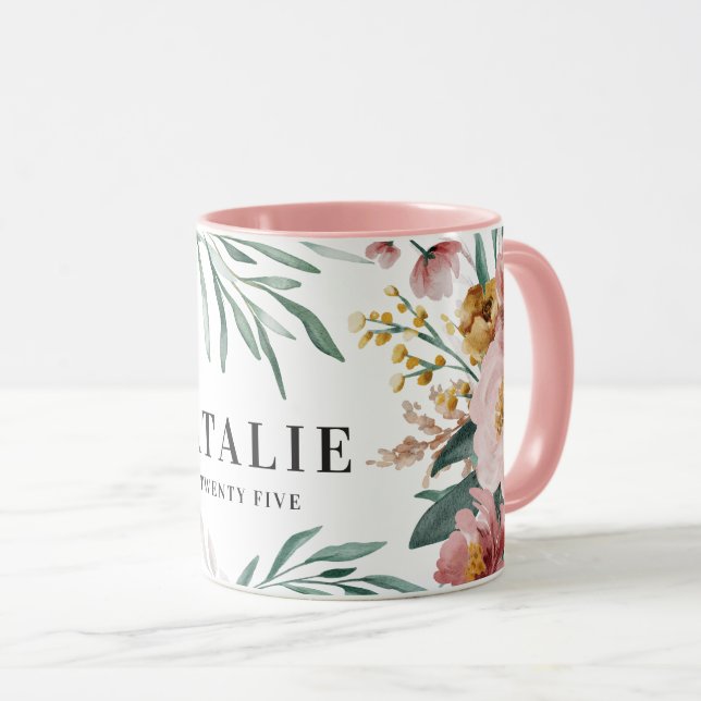 Mug Fille aquarelle florale 25e anniversaire rose chic (Devant droit)