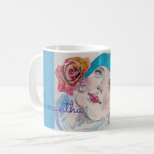 Mug Fille avec Rose Rouge Beret Aquarelle Filles Nom