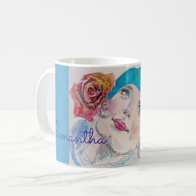 Mug Fille avec Rose Rouge Beret Aquarelle Filles Nom (Devant gauche)