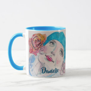 Mug Fille avec Rose Rouge Beret Aquarelle Florale Fleu