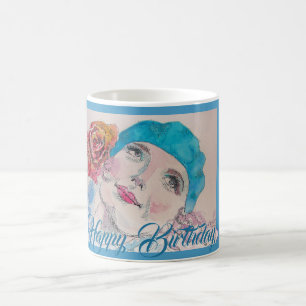 Mug Fille avec Rouge Rose Beret Aquarelle Anniversaire