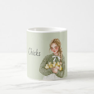 Mug Fille blonde tenant des poussins jaunes bébé