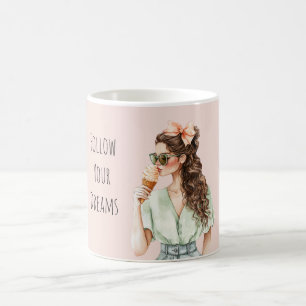 Mug Fille Cheveux Bruns Ruban Peach Cône de Glace