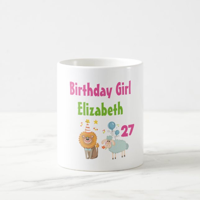 Mug Fille d'anniversaire avec le lion de fête et le mo (Centre)