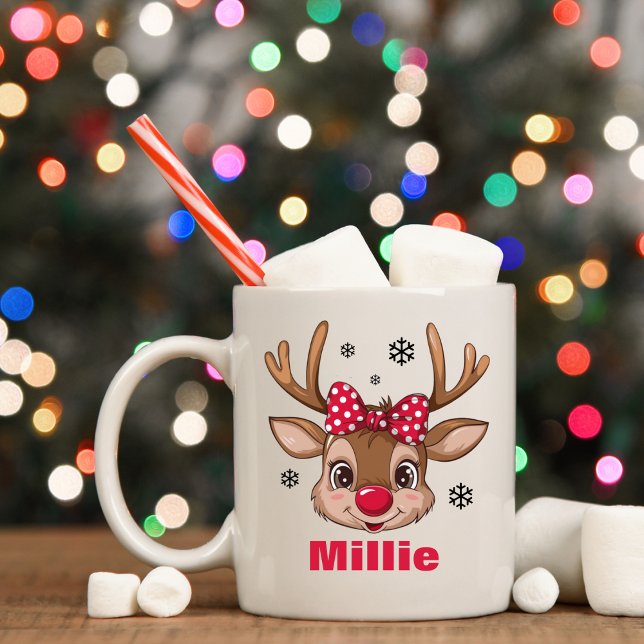 Mug Fille de rennes de Noël Polka rouge Pot Bow (Christmas Reindeer Girl Red Polka Dot Bow Coffee Mug
)