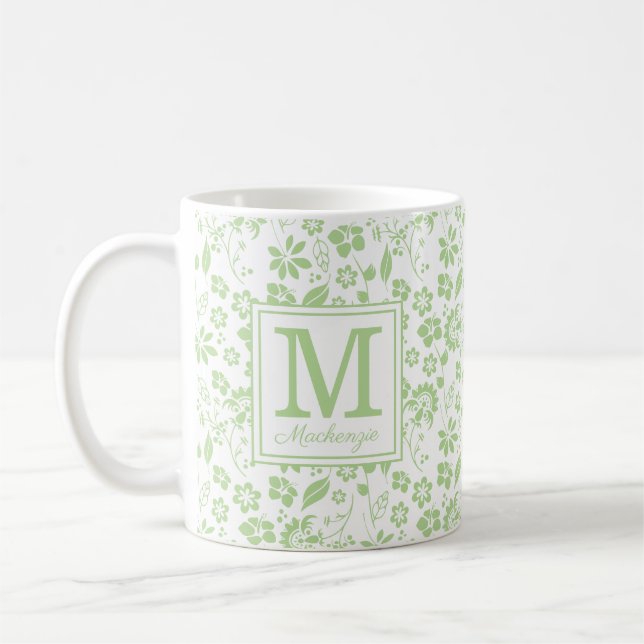 Mug Fille Lime Vert Fleurs tropicales Monogramme (Gauche)