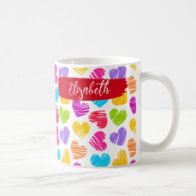 Mug Fille moderne Vibrant Doodled Hearts Nom du Motif (Droite)