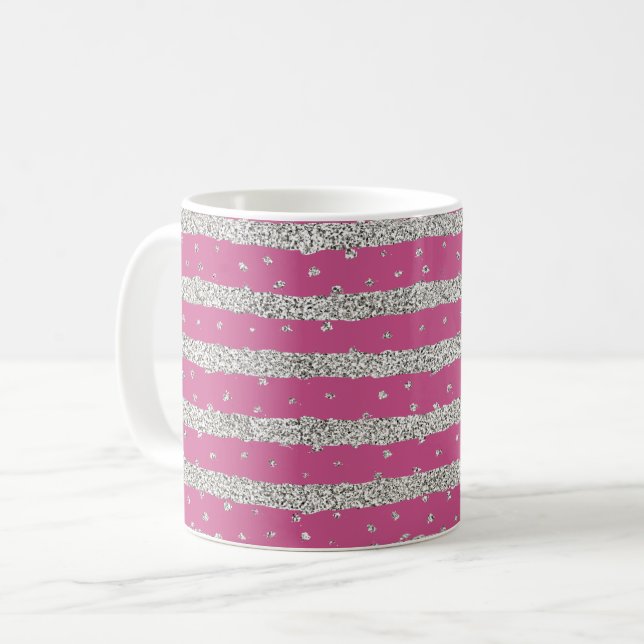 Mug Fille Rose Argent Sparkly Confetti Stripes (Devant gauche)