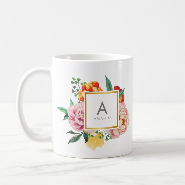 Mug Fille TRENDY Aquarelle Fleurs de pivoine Monogramm (Gauche)