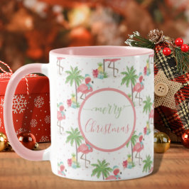 Mug Flamant rose de Noël tropical Bleu Santa Chapeau r