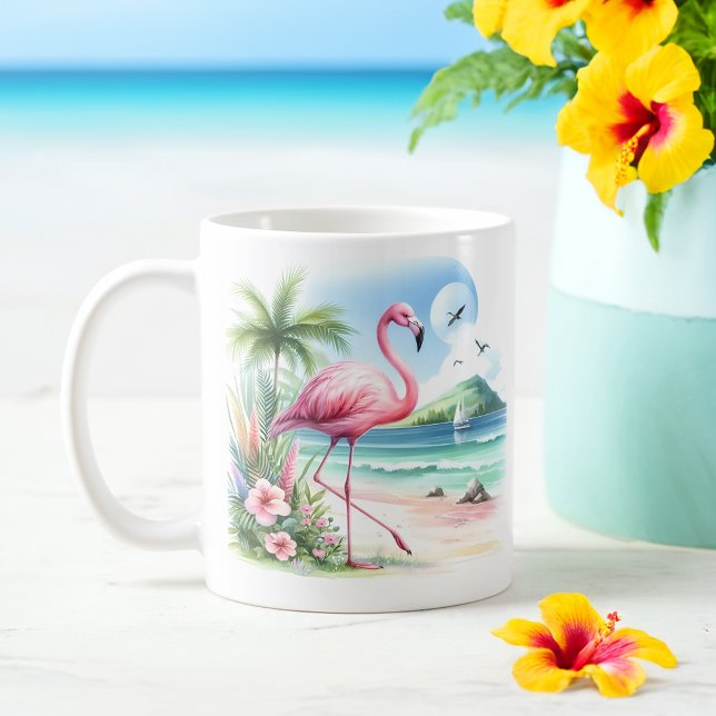 Mug Flamant rose d'été aquarelle sur la plage (Créateur téléchargé)