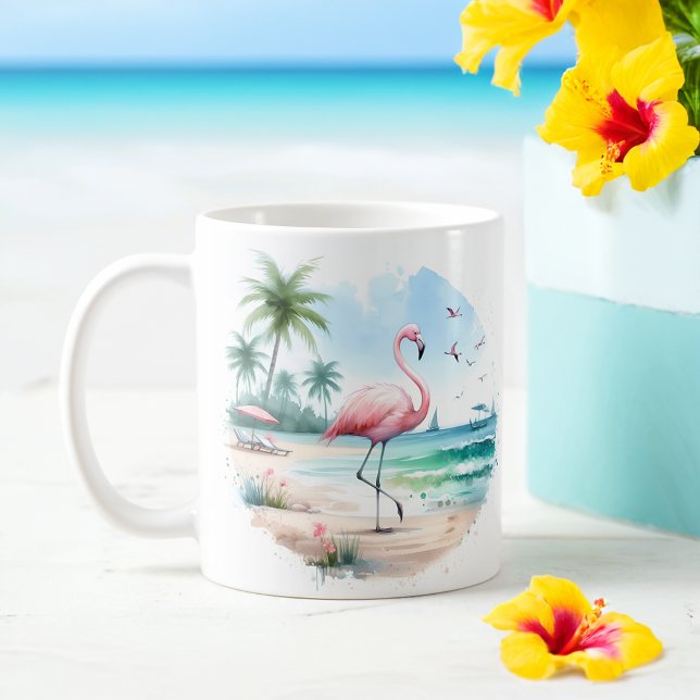 Mug Flamant rose d'été aquarelle sur la plage (Créateur téléchargé)