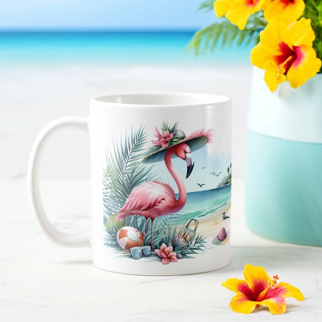 Mug Flamant rose d'été aquarelle sur la plage (Créateur téléchargé)