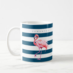Mug Flamant rose moderne bleu blanc rayé rose Nom pers