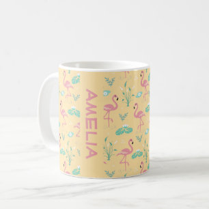 Mug Flamant rose nom de motif jaune mignon