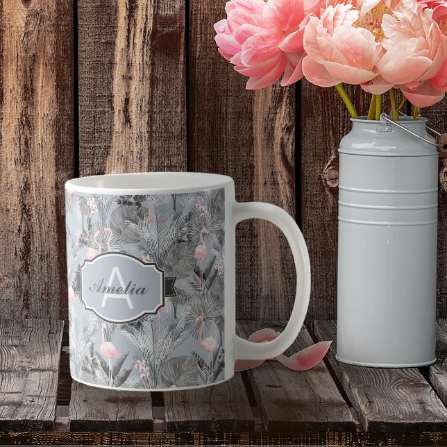 Mug Flamant rose Orchidée Tropical Motif Grey ID868 (Créateur téléchargé)