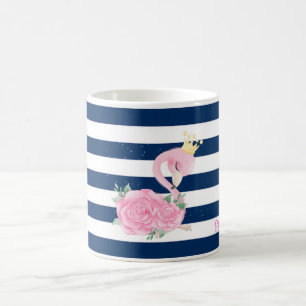 Mug Flamant rose rose, Couronne, Bleu de la Marine Ros