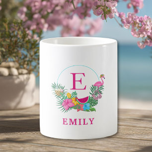 Mug Flamant rose tropical personnalisé Monogramme flor