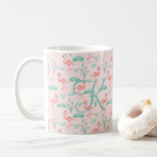 Mug Flamant Rose Vert Monogramme Oiseaux Tropicaux