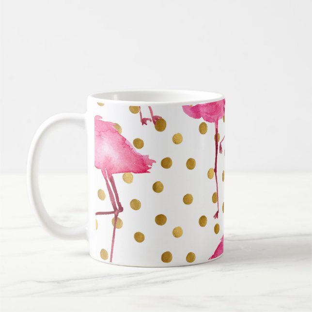 Mug Flamants roses, points dorés, aquarelle. (Gauche)