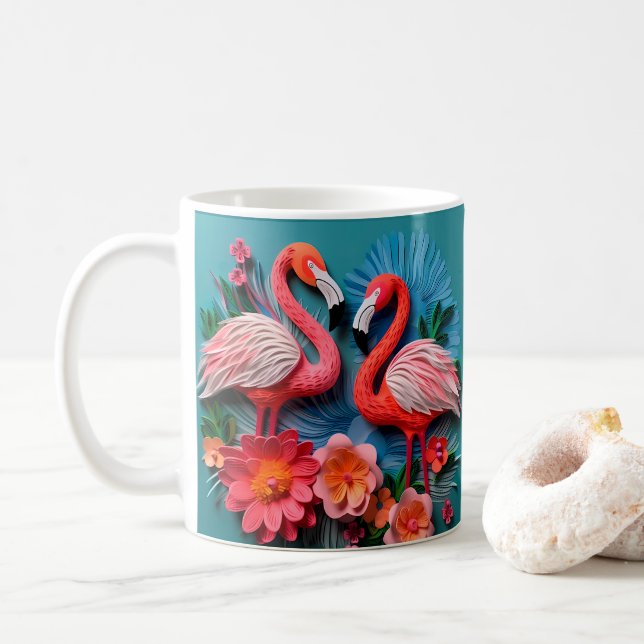 Mug Flamants roses rose 3D à l'apparence imprimée (Avec donut)
