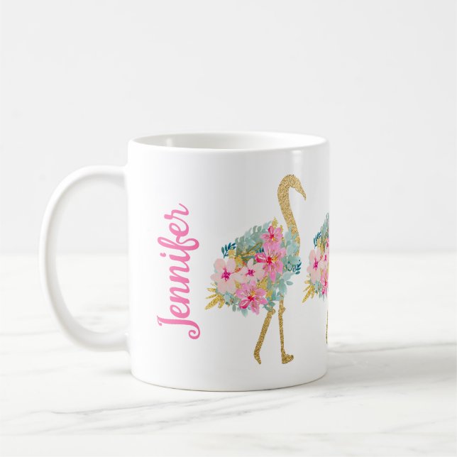 Mug Flamants roses tropicaux Floral rose vert et or (Gauche)