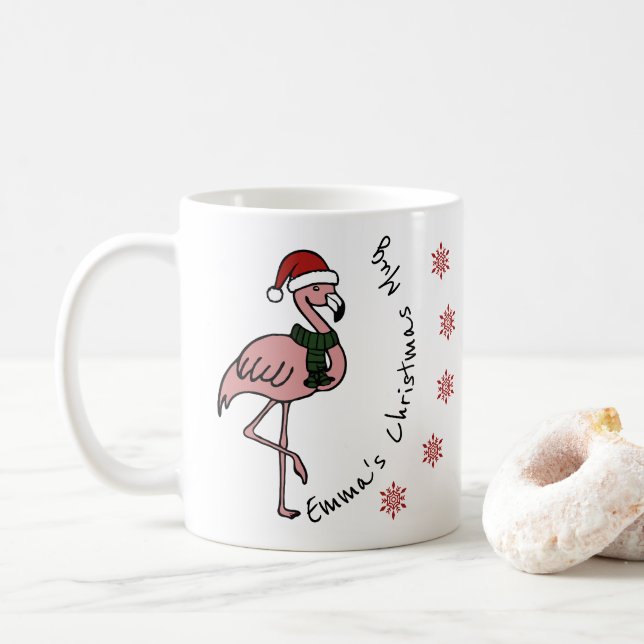 Mug Flamingo rose avec nom personnalisé casquette de N (Avec donut)