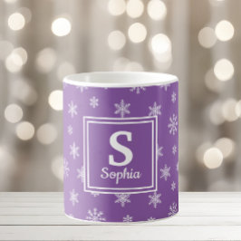 Mug Flammes de neige blanches de Noël monogramme viole