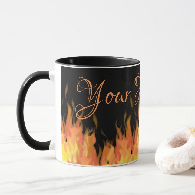 Mug Flammes personnalisées noir et orange (Avec donut)
