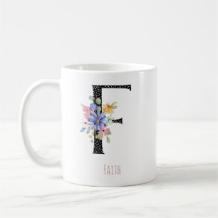 Mug Fleur aquarelle F Monogramme Nom Point noir 