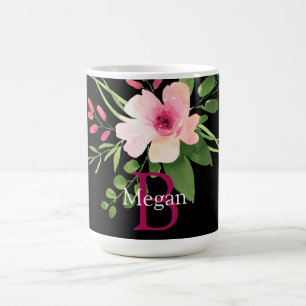 Mug Fleur aquarelle, nom et monogramme sur fond noir