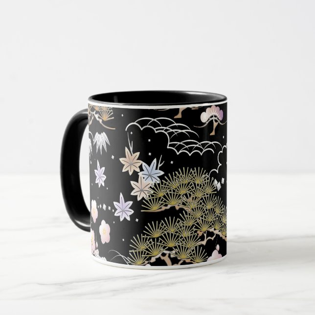 Mug Fleur de cerisier rose noir Élégant motif floral (Devant gauche)