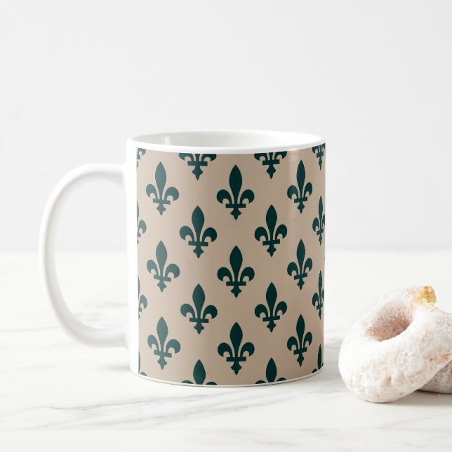 Mug Fleur de Lis Motif, Royal French Green on Cream (Avec donut)