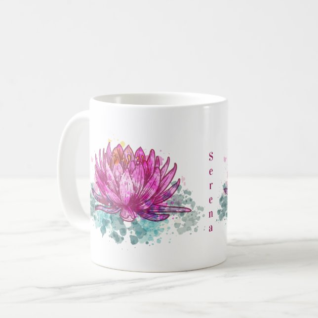Mug Fleur de Lotus à l'aquarelle rose avec nom (Devant gauche)