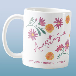 Mug Fleur de naissance d'octobre Nom personnalisé Souc