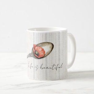Mug Fleur de pavot rouge sur cuillère rayures grises c